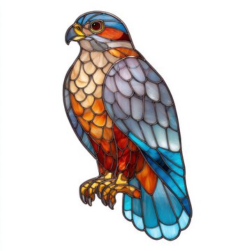 Stained Glass Mosaic Falcon Bird Illustration Featuring Vibrant Blue And Amber Tones On White