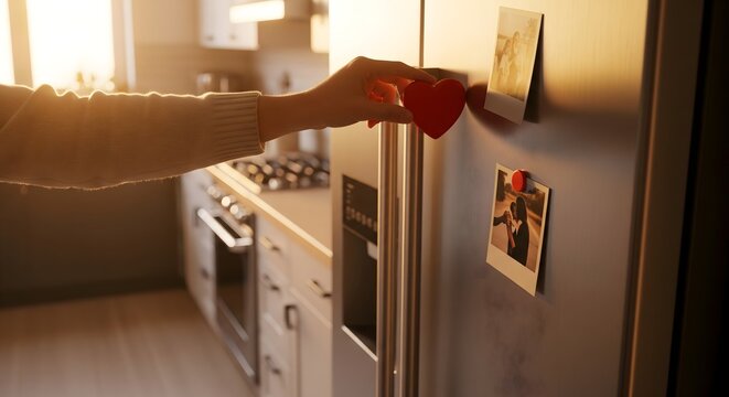 Woman hand placing red heart magnet on kitchen refrigerator at home