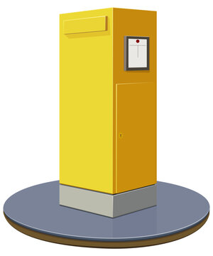 Modern yellow postal mailbox pillar on pavement representing mail dispatch, parcel courier logistics, urban communication, and written correspondence services (cut out)
