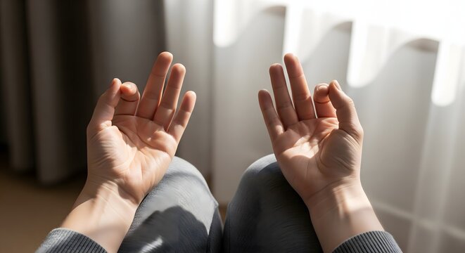 Woman hands in mudra gesture practicing yoga meditation at home