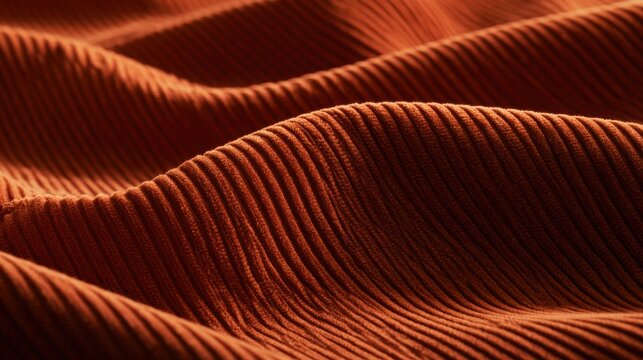 Warm terracotta corduroy fabric features soft directional ribs creating a textured surface perfect for design projects and textiles.