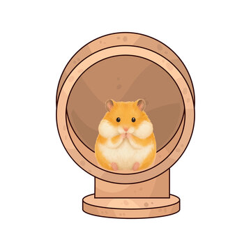 Adorable Vector Cartoon Style Hamster Contented and Chubby Inside its Large Wooden Running Wheel, Pet Care Stock

