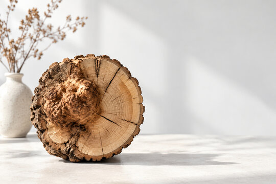 Tree trunk cross section with large burl and cracked rings, organic home decor concept