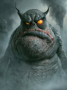 A menacing grotesque monster with glowing eyes in mist