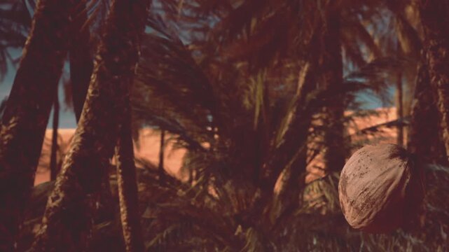 In a desert setting, a round object can be seen floating among tall palm trees. The bright blue sky contrasts with the sandy ground, creating a vivid scene.