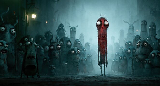 Unique red creature stands out in a gloomy monster crowd