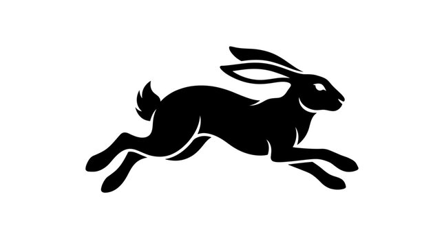 Dynamic black silhouette of a running rabbit or hare, symbolizing speed and agility, isolated on a white background, perfect for graphic design.