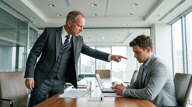 Serious Corporate Manager Confronting Team Member With an Expressive Your Fault Gesture Over Financial Mistake in Bright Conference Room