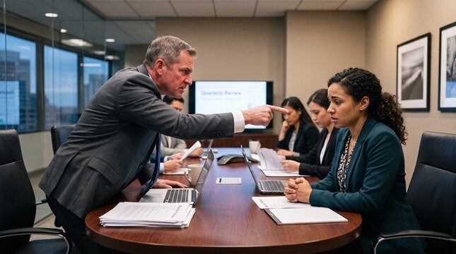 Frustrated Businessman Leaning Forward Across Boardroom Meeting Table Making an Accusatory Your Fault Gesture at Nervous Female Coworker During Review