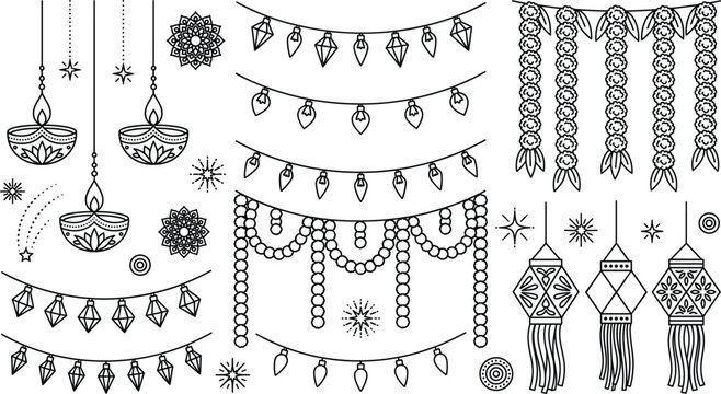 Diwali festival decoration line icon set with hanging diya lamps and decorative garlands