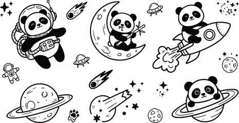 Cute space panda astronaut line art set with rocket moon ufo planets and stars coloring page elements vector © Rokeya