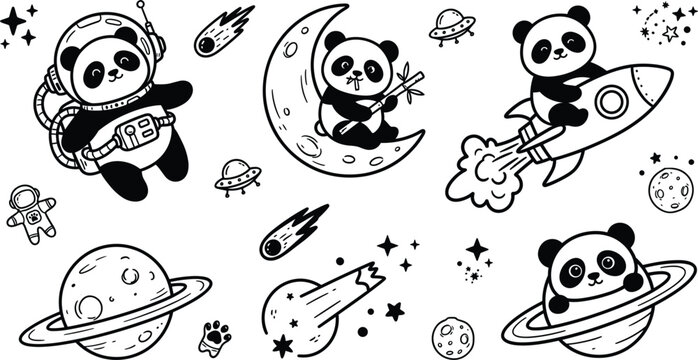 Cute space panda astronaut line art set with rocket moon ufo planets and stars coloring page elements vector