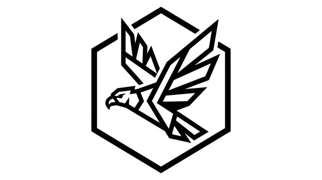 Modern geometric falcon or hawk flying in a hexagonal frame, abstract bird of prey vector logo icon design, black and white minimalist art.