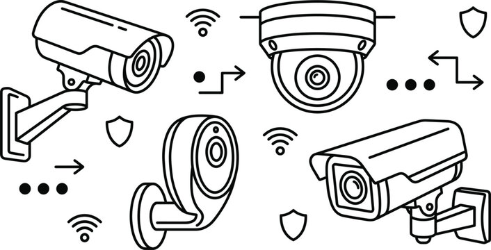 CCTV surveillance security camera icon set featuring wireless digital system vector graphic elements