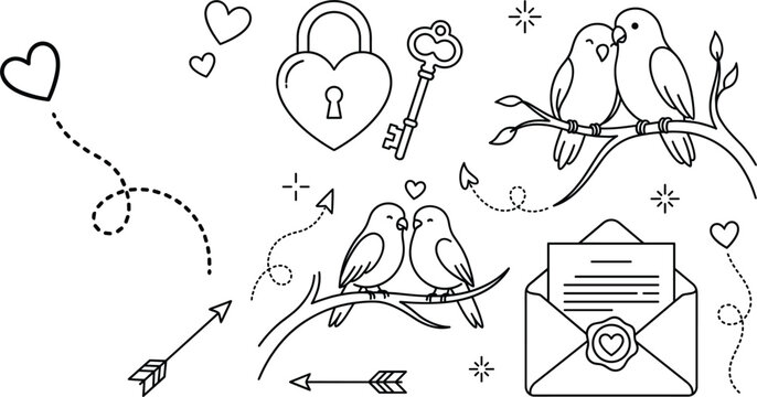Valentine lovebird and heart padlock vector icon set featuring romantic letter graphic elements