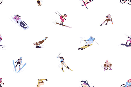 Repeatable pattern of different winter sports. Endless background of athletes are skiing, snowboarding, ice skating, cycling on snow, riding a bobsleigh sled. Flat seamless vector illustration