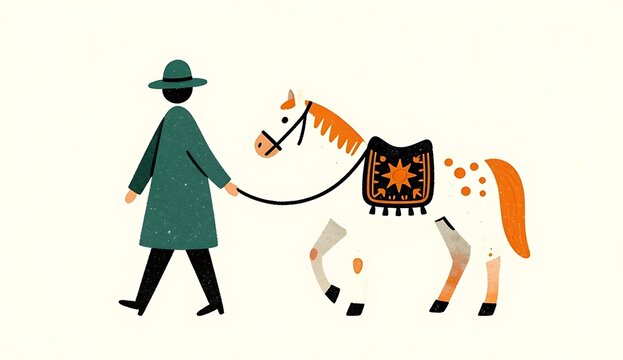 Whimsical flat vector illustration of a person in a green coat walking a spotted pony horse with decorative saddle in folk art style