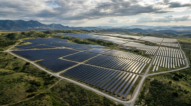 Aerial view of large utility scale solar farm array infrastructure located in rural landscape setting during bright daylight hours.
