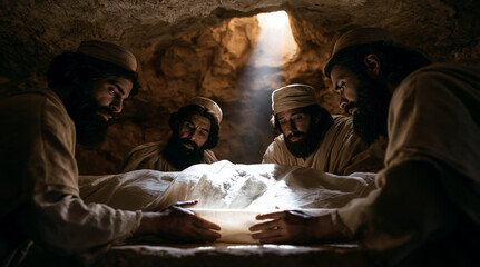 Obraz premium biblical burial scene in a cave like tomb