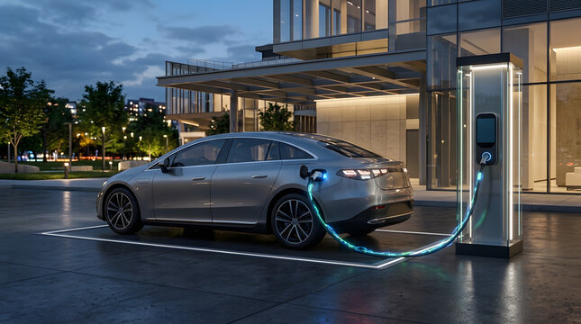 Electric vehicle charging at futuristic glass station with glowing blue power cable connected to sleek silver luxury sedan car.