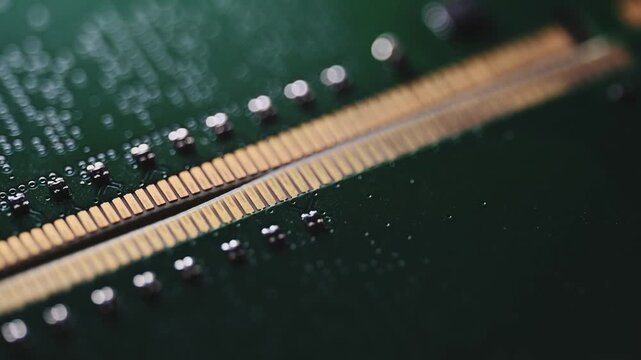 Macro Close Up of DDR4 RAM Gold Contacts with Shifting Colorful Light