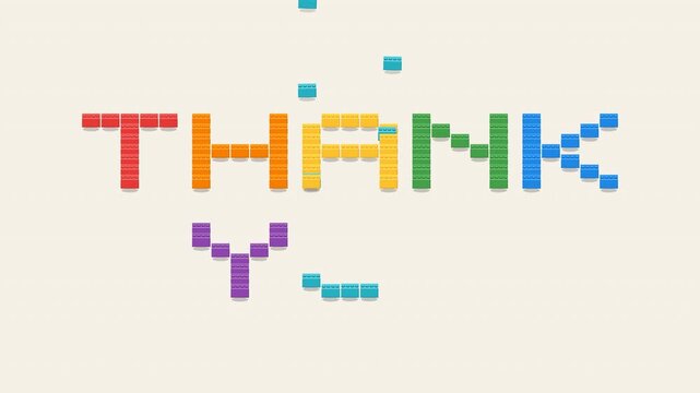 Individual construction bricks fall from above and mechanically assemble into large block letters to spell out THANK YOU.