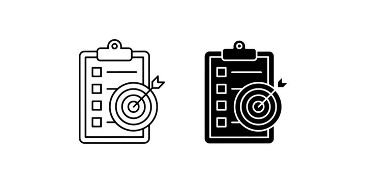 Clipboard with checklist and target icon showing business goal achievement and task management success