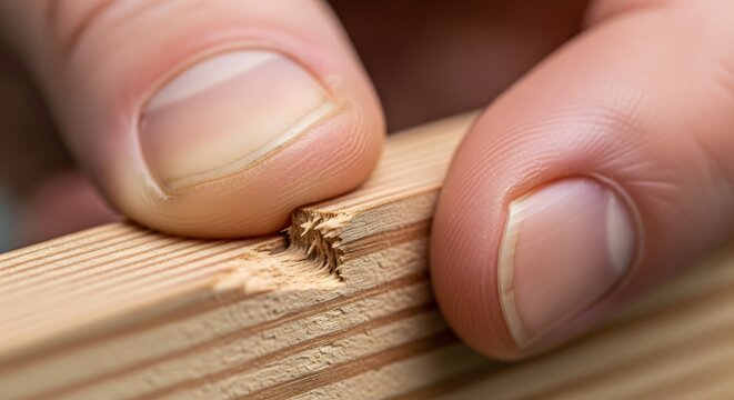Person inspecting a splintered wooden plank fragment with fingers