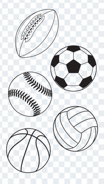 Collection of popular sports balls in clean outline style, including American football, soccer ball, baseball, basketball and volleyball. Vector set for sports, fitness, games and competition designs.