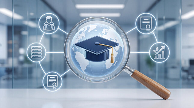 Magnifying glass over graduation cap on a globe surrounded by education and business icons, symbolizing online learning, research, and career development