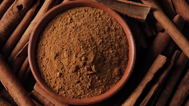 Ground cinnamon powder in a ceramic bowl, close-up view showing the fine texture and warm brown color, natural spice ingredient.