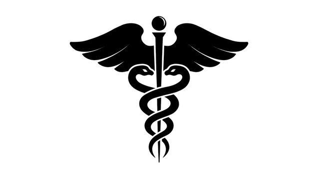 Black caduceus symbol with wings and snakes, isolated on transparent background