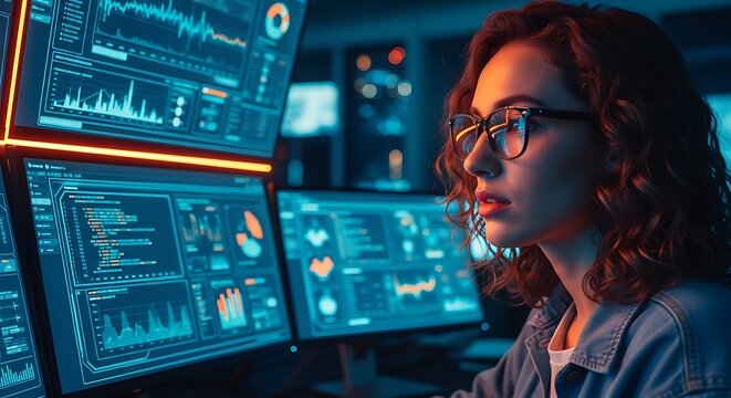 Professional female software engineer analyzing complex data and code on multiple computer monitors in a dark hightech control room