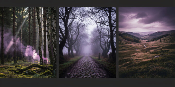 Triptych of moody forest scenes with sunbeams, cobblestone path, and rolling highland hills