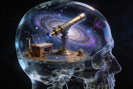 A transparent head contains a miniature observatory exploring an inner galaxy symbolizing the infinite depth of human thought