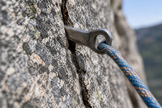 A steel climbing piton in granite with a rope, natural daylight.