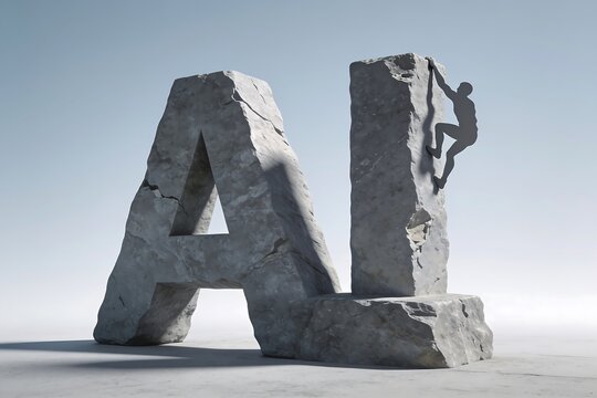 A silhouetted figure climbs massive granite AI monument letters symbolizing the challenge of ambition toward mastering technology