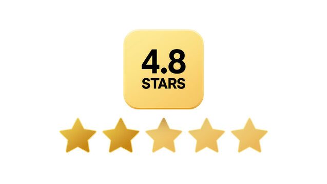 Golden rating badge with 4 8 STARS text and five golden stars, isolated on transparent background