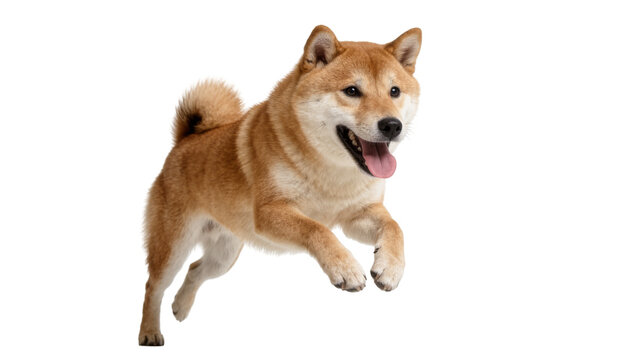 Joyful Shiba Inu dog running with tongue out, isolated on transparent background