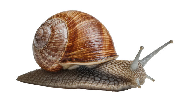 Brown spiral shell snail with textured body, isolated on transparent background