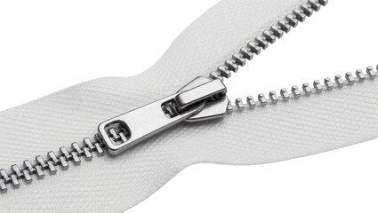 Shiny metal zipper slider on white fabric, isolated on transparent background © PNGIG