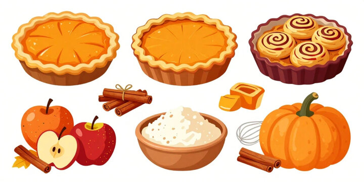 Autumn pies and baking supplies such as pumpkin, apples, flour, and butter are illustrated on a transparent background.