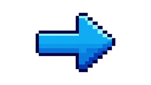 Pixelated blue arrow cursor pointing right, isolated on transparent background