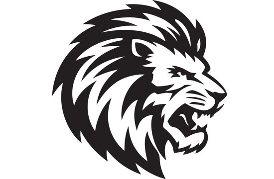 Fierce lion head vector illustration featuring sharp stylized mane details rendered in bold black and white high contrast graphic design