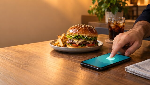 Person ordering food on smartphone next to burger and fries