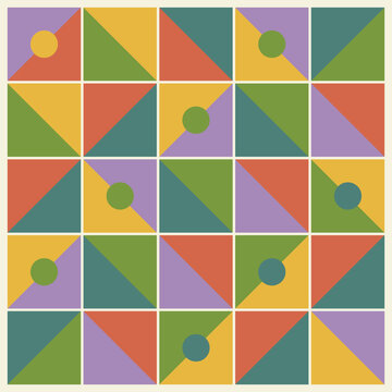 Abstract geometric pattern with colorful squares triangles and circles on light background