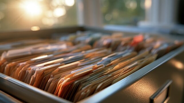 Open metal filing cabinet drawer filled with organized manila folders, sunlight streaming through a nearby window illuminating the documents inside