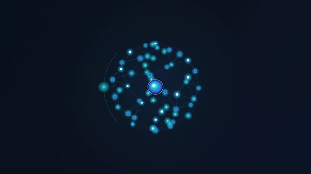 Abstract 3D illustration of a blue glowing atom molecule with connected digital particles representing science and nanotechnology