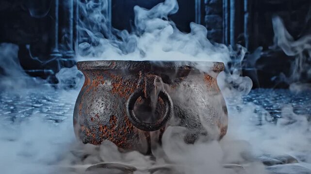 Mysterious old cauldron bubbling with thick white smoke and glowing embers in a medieval dungeon setting, magic potion brewing and fantasy ritual concept