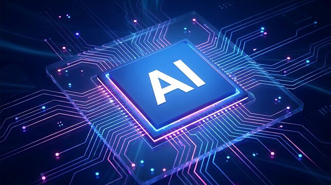 Futuristic ai processor chip on a glowing circuit board background representing artificial intelligence technology and highperformance computing